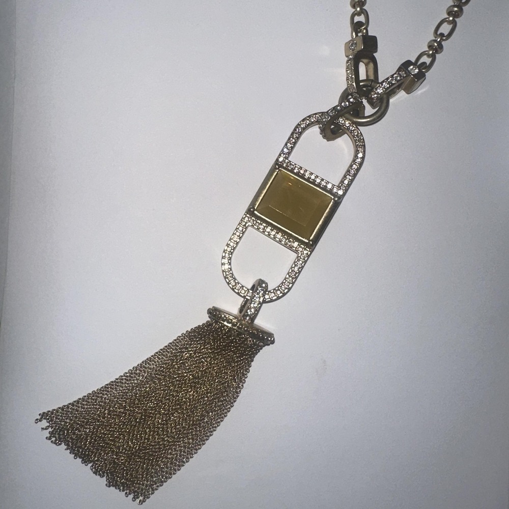 VTG Lia Sophia Kiam Family Gold Tone Rhinestone Tassel Pendant Necklace 34" Stmt